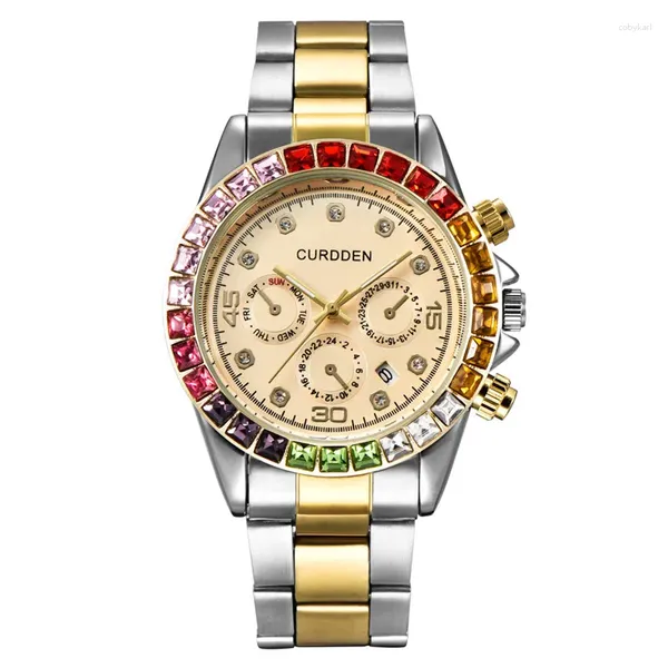 Relógios de pulso Men Original Curdden Brand assiste a moda Full Stainless Steel Band Diamond Luxury Date Quartz Watch Montres de Marque Luxe