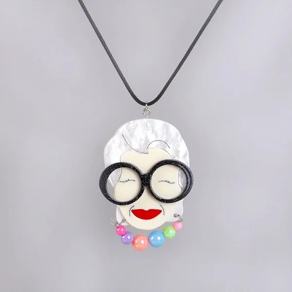 Anhänger Halsketten Cartoon große Brille Lady Promi für Frauen Acryl Wear Perlen Halsband Oma Choker Juwely