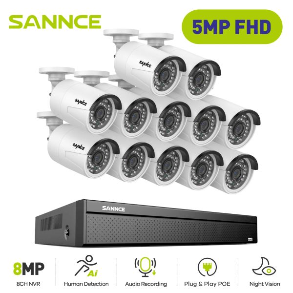 Sistema sannce 5mp ultra hd poe videosorveglianza sistema 16ch NVR Registratore con fotocamera IP da 12 pezzi 5mp da telecamere di sicurezza cctv kit CCTV