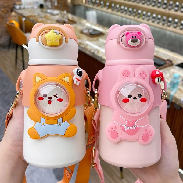 Niedliche Thermoswasserflasche Kinder Kawaii 550 ml Kessel tragbarer Außenstahl Stahl Strohhalm School Kinder Cartoon Flasche 240322