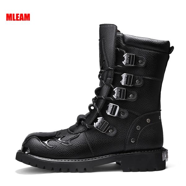 Botas de inverno masculino botas de motocicleta 2021 Novo moda midcalf punk rock punk sapatos mensagens de couro preto top high top bota casual 3846