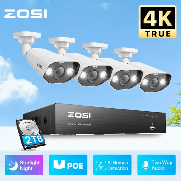 System Zosi 8MP CCTV -System 8Ch H.265+ 4k Ultra HD POE NVR Kit 2way Audio Spotlight Siren Outdoor Videoüberwachung IP -Kamera -Set