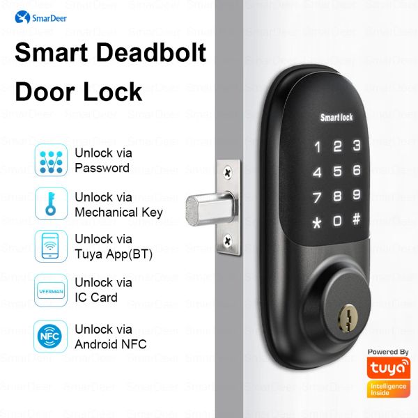 Lock Smardeer Digital Electronic Lock com Bluetooth, Tuya Smart Lock com Code/Card/NFC/Key e App Desbloquear entrada sem chave