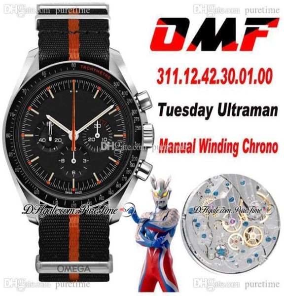 OMF Moonwatch Manual Winding Chronograph Mens assista Speedy Terça -feira 2 Ultraman Black Dial Nylon Orange Interior Strap 311124230014943305