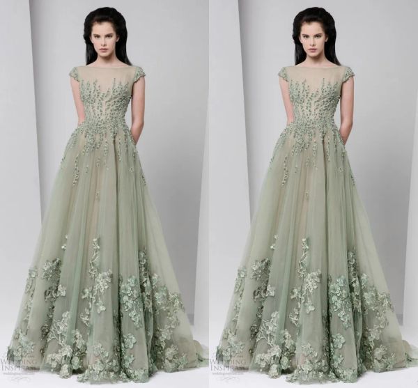 Abiti Tony Ward 2016 Abiti da sera primavera estate Abiti Sheer Neck Applique perle maniche per manica abiti da ballo Abiti Lunghezza Tulle Formale Dre