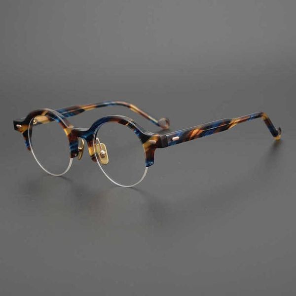 2024 Nova qualidade de alta qualidade de 10% de designer de luxo Novo óculos de sol masculinos e femininos 20% de desconto em estilo de cor de cor pura Manual Manual Manual Japanese Round Half Frame Myopia Glasses Trend