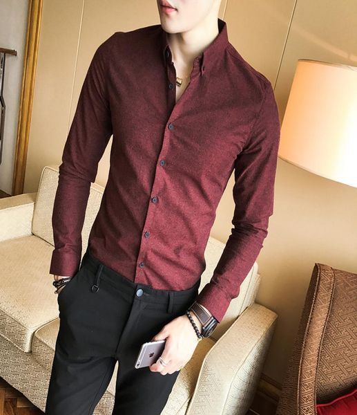 Camisa de negócios coreana de cor pura Men039s Longsleeeved Noniron Trendy Blesth Casual Men039S Wine Red Shirt5973002