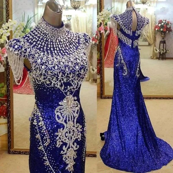 Kleider Royal Blue High Neck Meerjungfrau Prom Kleider Party elegant für Frauen Kristall Paillierte echte Fotos Rot Teppich Berühmtheit formeller Abend