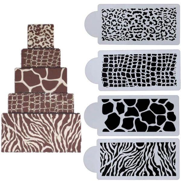 Backformen 4pcs/Los Kunststoff Tier Venen Sprühformen Kaffeekekse Schokoladendruckscheiben Schablone DIY Candy Fondant Offene Blumenvorlage