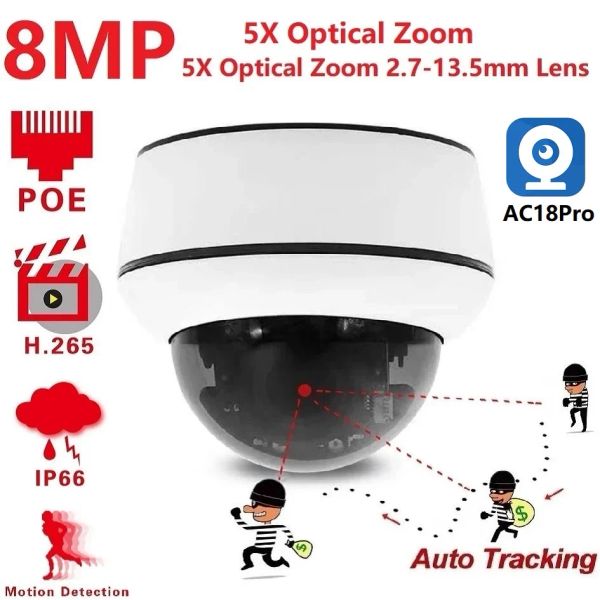 Lettori 4K 8MP POE Security Camera Dome Outdoor Dome 5x Zow Optical Twoway Audio Tracciamento automatico CCTV Camera per casa con memoria cardac18pro