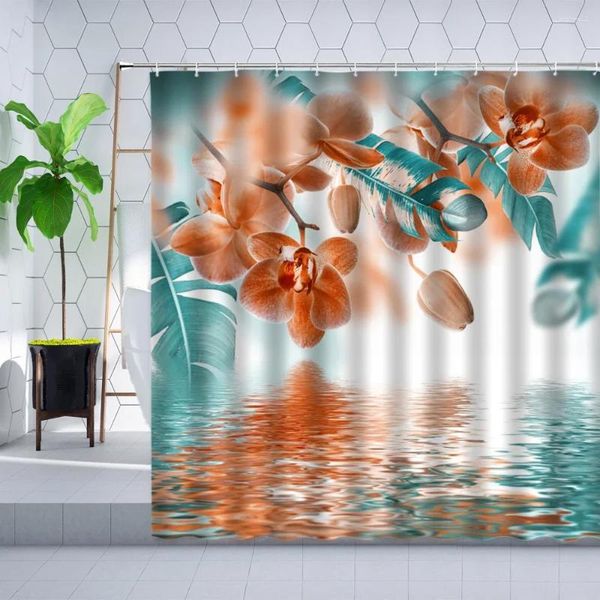 Tende doccia verde acqua e orchidea arancione set riflesso pianta floreale pianta di palma tropicale dipinto a foglie di arredamento zen ganci poliestere