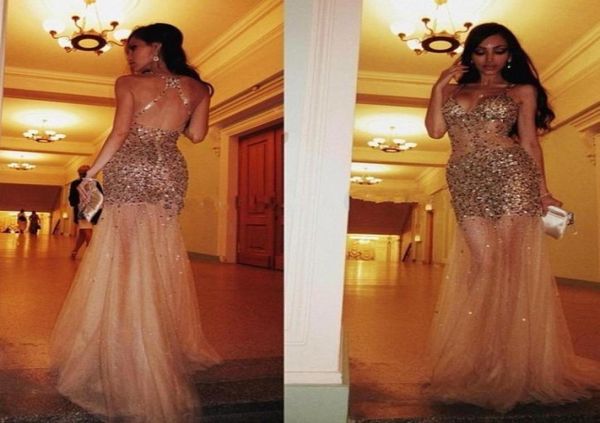 Lüks Bling Bling Pullar Boncuklu Prom Elbiseler 2019 Sheer Tül Altın Spagetti Kayışı Sırtsız Seksi Denizkızı Uzun Pageant Elbiseleri PA3631948