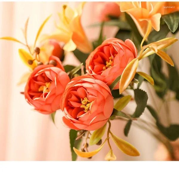 Flores decorativas Casamento laranja lírio peony buquê artificial decoração de seda simulação de flores falsas peonies lírios planta verde