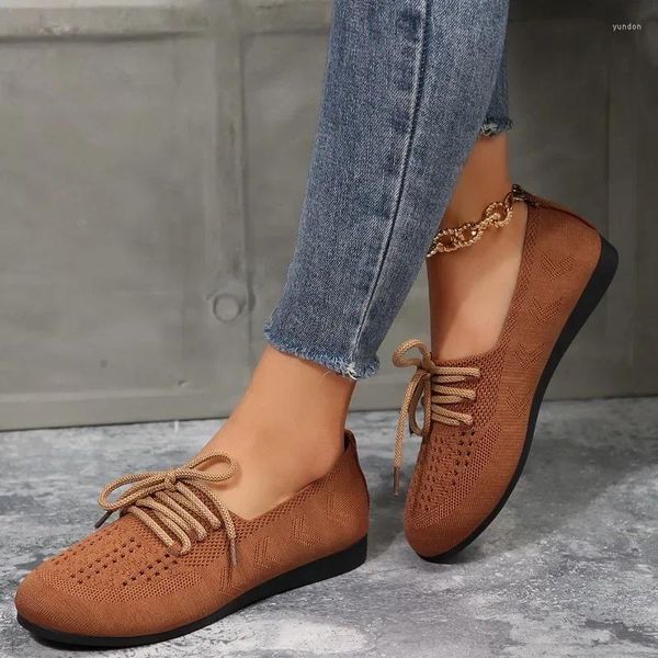 Sıradan Ayakkabı Kadınlar Bahar Klasik Düz Renk Örme Nefes Alabilir Düz Moda Dantel Up rahat Slip Soafers 36-43