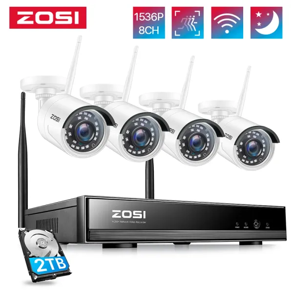 System Zosi Plug Play Drahtloses CCTV -Kamera System 2K 3MP H.265+ 8 Kanal CCTV NVR 4PCS 3MP Outdoor WiFi -Überwachungskameras