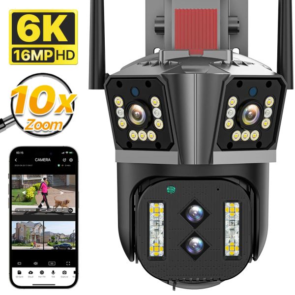 Kameras 6K HD WiFi Four Objektiv Drei Bildschirm Sicherheit Cam IP -Kamera 16MP 10x Hybrid Zoom Outdoor Auto Tracking PTZ Camera 4K Überwachung