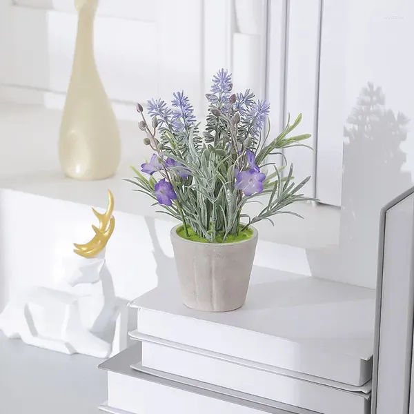 Fiori decorativi 1 fascio di 23 cm (h) fiori viola simulati.Pianta in vaso rotonda di cemento misto di lavanda-65058p