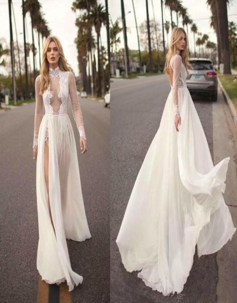 2019 Vintage Muse di Berta Bohémien Wedding Dresses A Line Lace Applique Spalato Abito da sposa sexy da spiaggia sexy a collo alto eh6770185