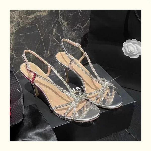 Sandali Rhinestone High Heels 2024 Summer Perfect Fairy Slim Slim Slip Open One Line Sexy One Line