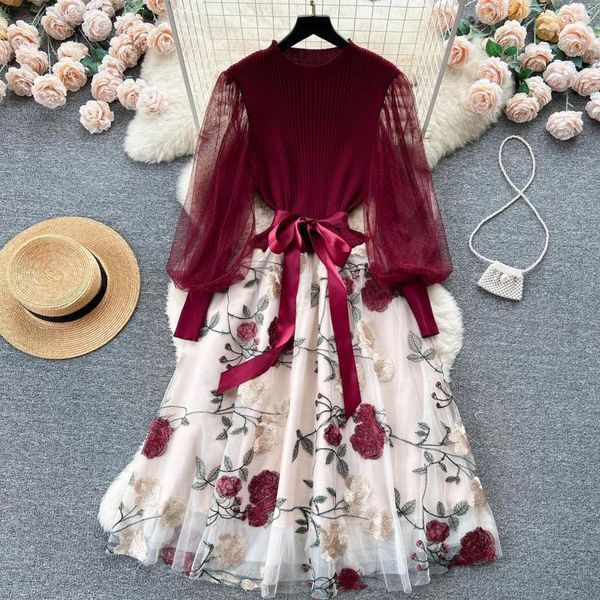 Vestidos casuais vestidos florais elegantes vestidos florais de manga longa malha de retalhos