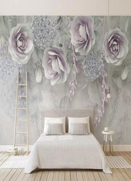 Flores em relevo em 3D Flores de parede Retro Purple Flowers Mural Grande afresco Floral Paper Study Restaurant TV TV Pintura de parede9612688