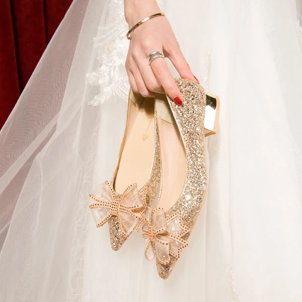 Сапоги Crystal Butterflyknot Flat Wedding Shoed Slean Slip Shoes Women Shiny Gold Sier Bridal Thoit