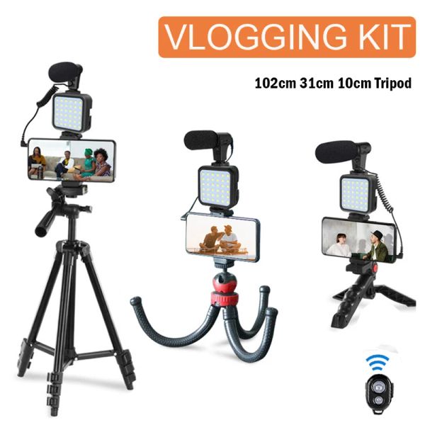 Monopods Vlogging Kit Tripé para câmera de smartphone com microfone LED Light Wireless Controle remoto Octopus Tripod Selfie Stick
