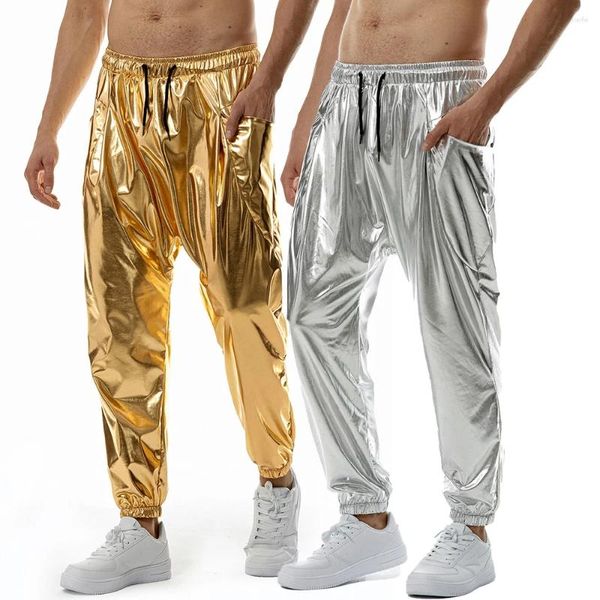 Calça masculina dança disco dança brilhante prateada metallic street hip hop calças molhadas masculino partido de festa de rua de férias masculino masculino