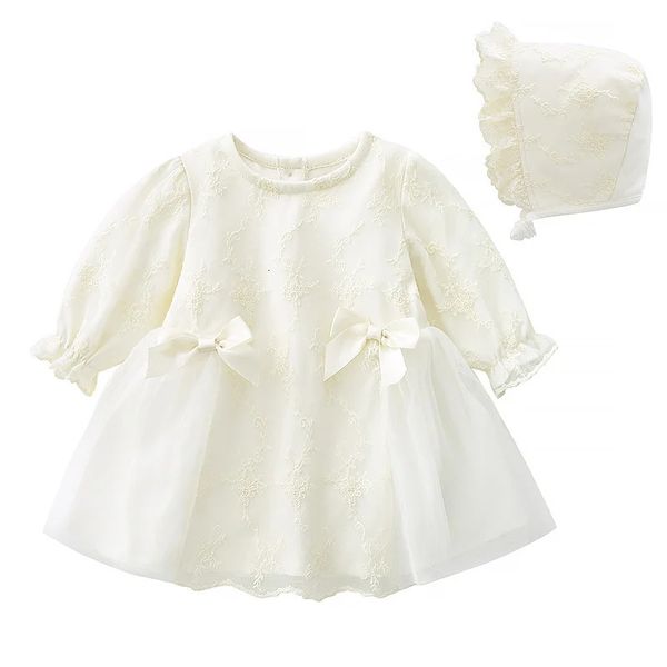 Ruffles Lace Bow Born Baby Girl Dress Set Princess Autumn Manga longa vestidos formais de 1 ano roupas de meninas 240323