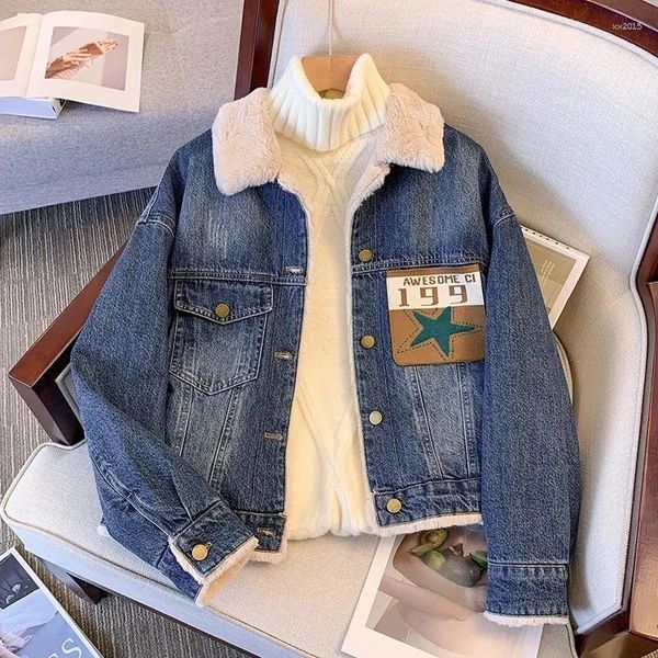 Damenjacken Denim Jacke Winter Damen Trend Liebe LOOSS PLUS Samt Jean Coats Fleece warme gepolsterte Jeans Abrigo Mujer