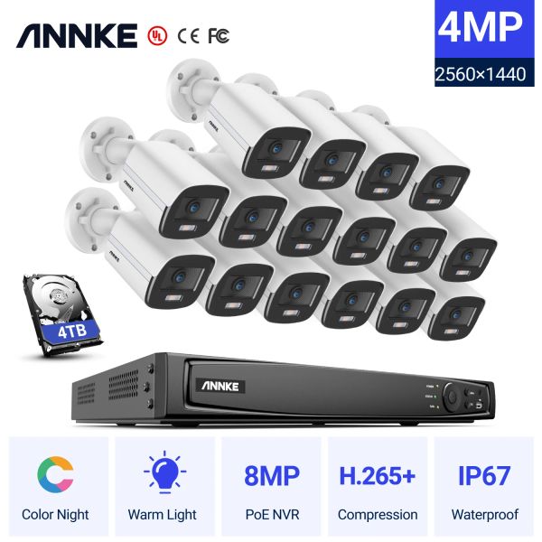 System Annke 16Ch Ultra HD Full Color POE -Netzwerk Video -Sicherheitssystem H.265+ Überwachung NVR 4MP IP67 Outdoor -Nachtsicht CCTV -Kit im Freien