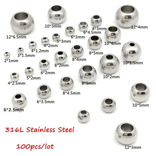 Boncuklar 100pcs 2 mm12 mm 316L Paslanmaz çelik boncuklar Avrupa bilyalı metal büyük delik aracı boncukları mücevher yapımı diy bilezik kolye