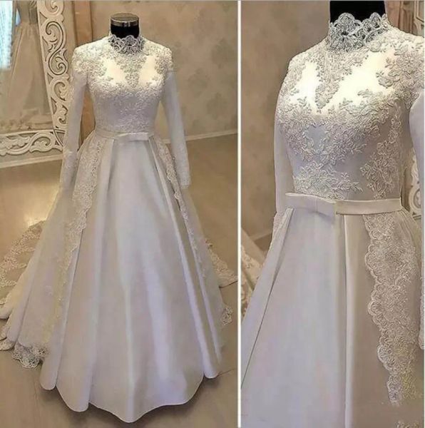 Abiti abiti da sposa musulmani modesti al collo alto una linea maniche lunghe abiti da sposa appliques in pizzo