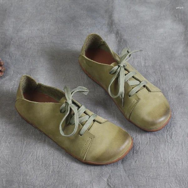 Lässige Schuhe Frauen Wohnungen echte Lederfrau Frau Low Heels Oxford Schnürung runder Zehen weiche Retro bequeme Antriebsklassiker für