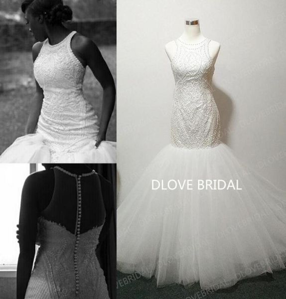 Zarte bestickte Spitze Vestido de noivas Hochzeitskleid Echtes PO High Neck ärmellose Brautkleid Hochwertige Fabrik Custom 5959604