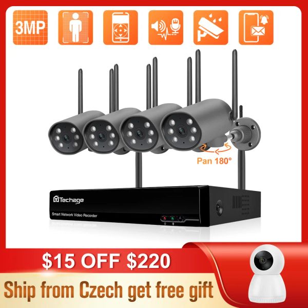 System Techage 3MP Video Videoveillance Camera Conjunto H.265 8CH kit NVR sem fio Twoway Record Security Camera System Night Vision