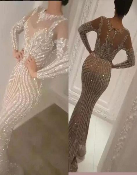 Yousef Aljasmi 2020 Luxury Long Sleeve Wippleined Mermaid Prom Dresses Sexy Gioiello Sheer Neck Wear Beads Celebrity Prom Gowns7427024