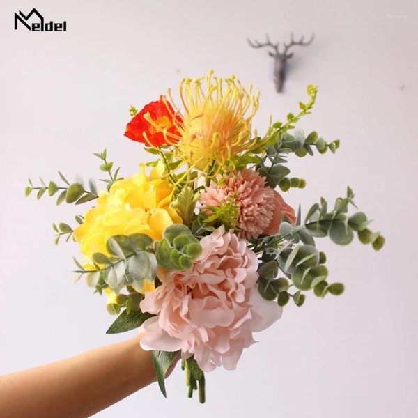 Hochzeitsblumen Meldel Bouquet künstliche Seiden Rose Pfingstrose Blume Pompom Hortensie Braut Vorräte Party Abschlussball Dekor