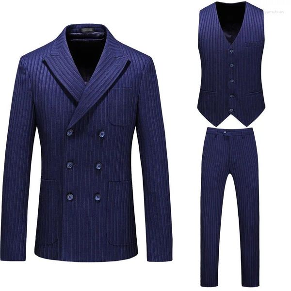 Abiti da uomo Stripe blu per uomini di alta qualità a tre pezzi da uomo da sposa abito da festa per feste per la cena di Natale maschio maschio