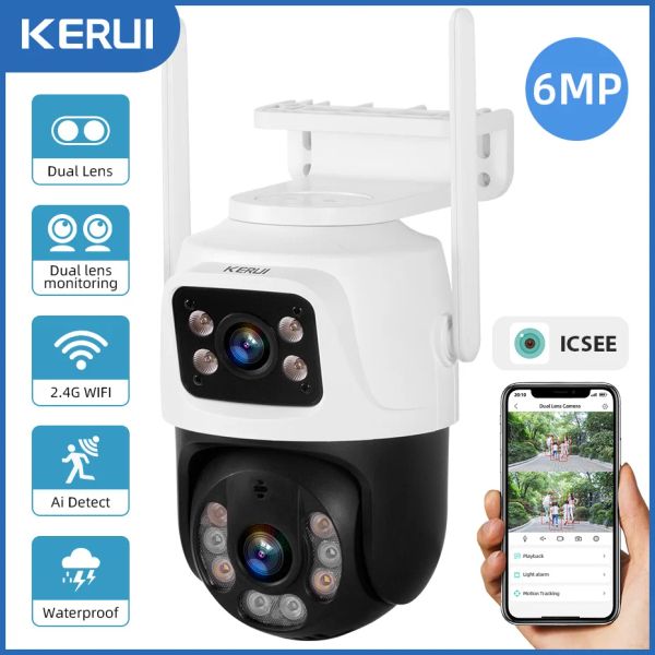 Câmeras kerui ao ar livre sem fio 6mp lente dupla câmera ip camera home segurança cctv videoveillance Human Detect Dual Screen Dual ICSEE