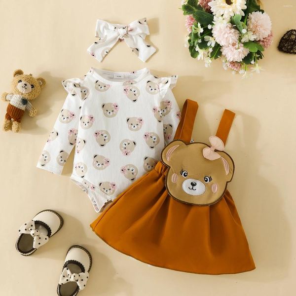 Giyim setleri 3pcs bahar bebek kız sevimli ayı uzun kollu üçgen onesie işlemeli yay kayışı etek seti saç bandı sonbahar ve kış
