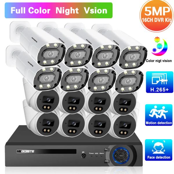 Sistem 5MP Video Gözetim Kameraları Kiti 16CH Açık Mekan Tam Renk Gece Görüşü CCTV DVR Ev Güvenlik Kamera Sistemi 16 Kanal DVR Kiti