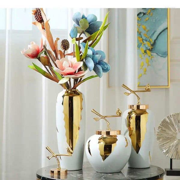 Vasos criativos chineses retro cerâmica vaso de ouro artesanato de cerâmica decorativa Ornamentos decorativos Decoração de flores da sala de estar Decoração doméstica