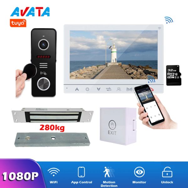 Дверные звонки Tuya 1080p Wi -Fi Smart Video Doorhphone Intercom с дверным звонком RFID разблокирован с магнитным замком 280 кг и 3A источник питания Touch Exit Exit