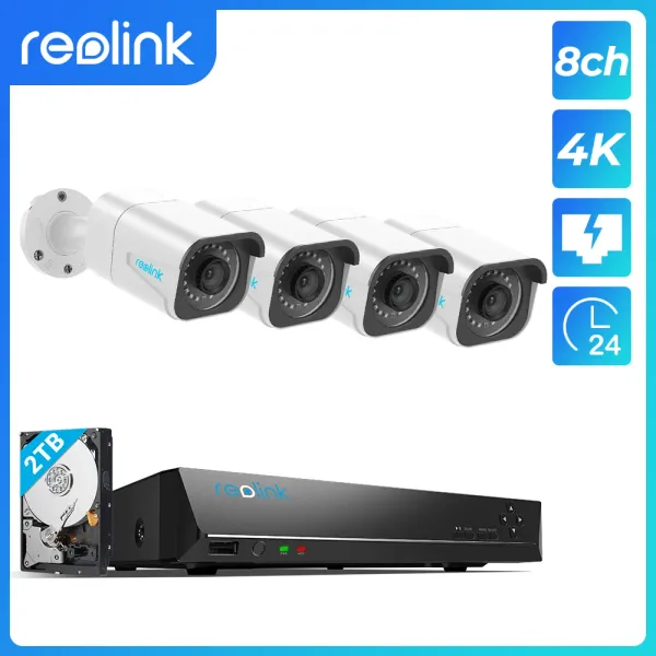 Sistema Reolink RLK8800B4 Sistema de câmera de segurança 4K 8CH Poe Video Recorder 4pcs 8MP Poe Câmeras 24/7 gravação para segurança doméstica inteligente
