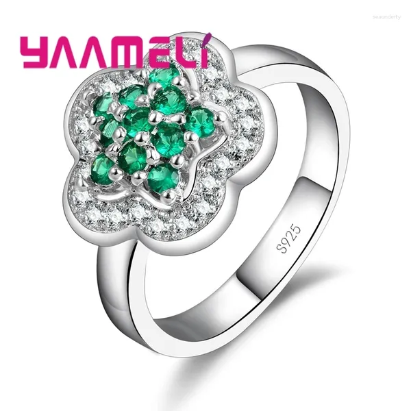 Ringos de cluster 925 Sterling Silver Ring Flower fofo estilo romântico estrelado pequeno enfeites espumante Cristal colorido para mulheres