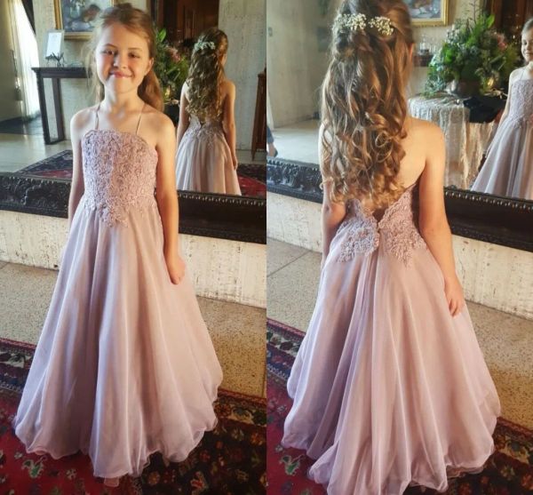 Abiti abiti polverosi di fiori in pizzo rosa abiti per il matrimonio 2016 Halter backless organza a terra lunghezza abiti da concorso per bambini