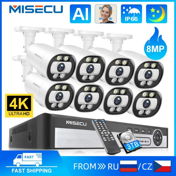 System Misecu HD 4K POE Security Superaint System System System Kit Kit AI обнаружение лица Цвет Ночная аудиозапись IP -камера CCTV видео NVR набор