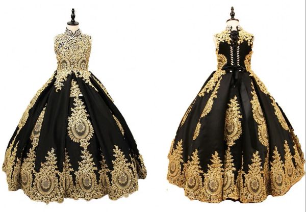 Vestidos sexy preto e dourado com renda de flores vestido 2022 pescoço alto com espartilho