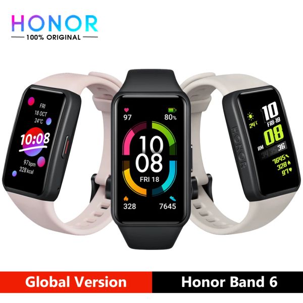 Bileklikler Global Versiyon Honor Band 6 İzle Fitness Tracker Bilezik Su Geçirmez Akıllı Akışlı Kalp Hızı Kan Oksijen Monitörü AMOLED EKRAN